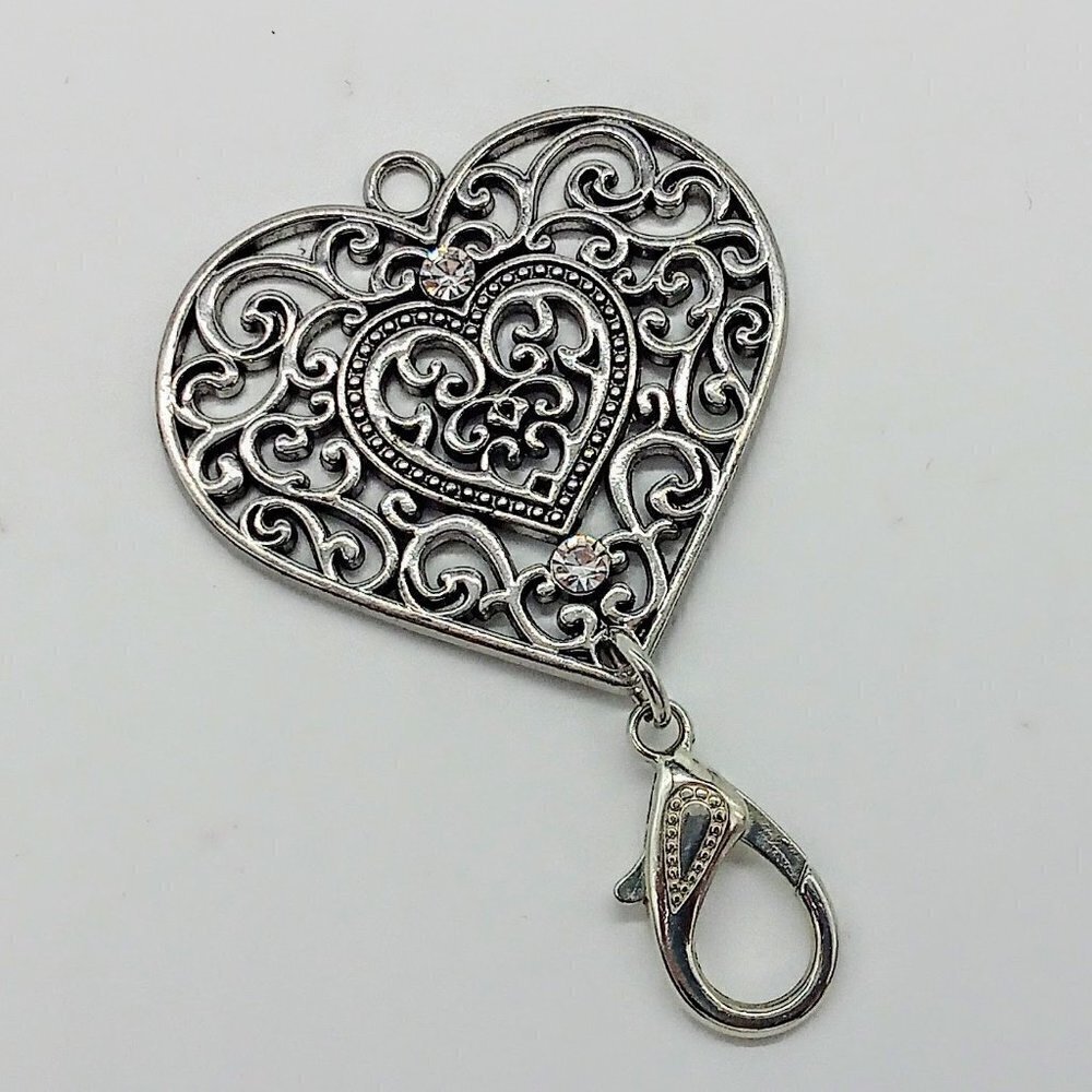 Silver Crystal Filigree Heart Keychain Purse Charm